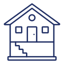 Simple line drawing of a house with a door, two windows, stairs, and a circular detail above the door.