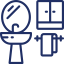 Line art of a bathroom with a mirror, sink, cabinet, and towel rack.