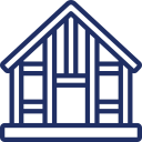 Simple line art of a small cabin with a triangular roof and open doorway.