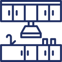 Outline of a kitchen with upper cabinets, a range hood, a sink, lower cabinets, and a countertop.