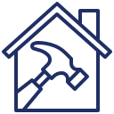 Outline of a house with a hammer inside, symbolizing home construction or repair.