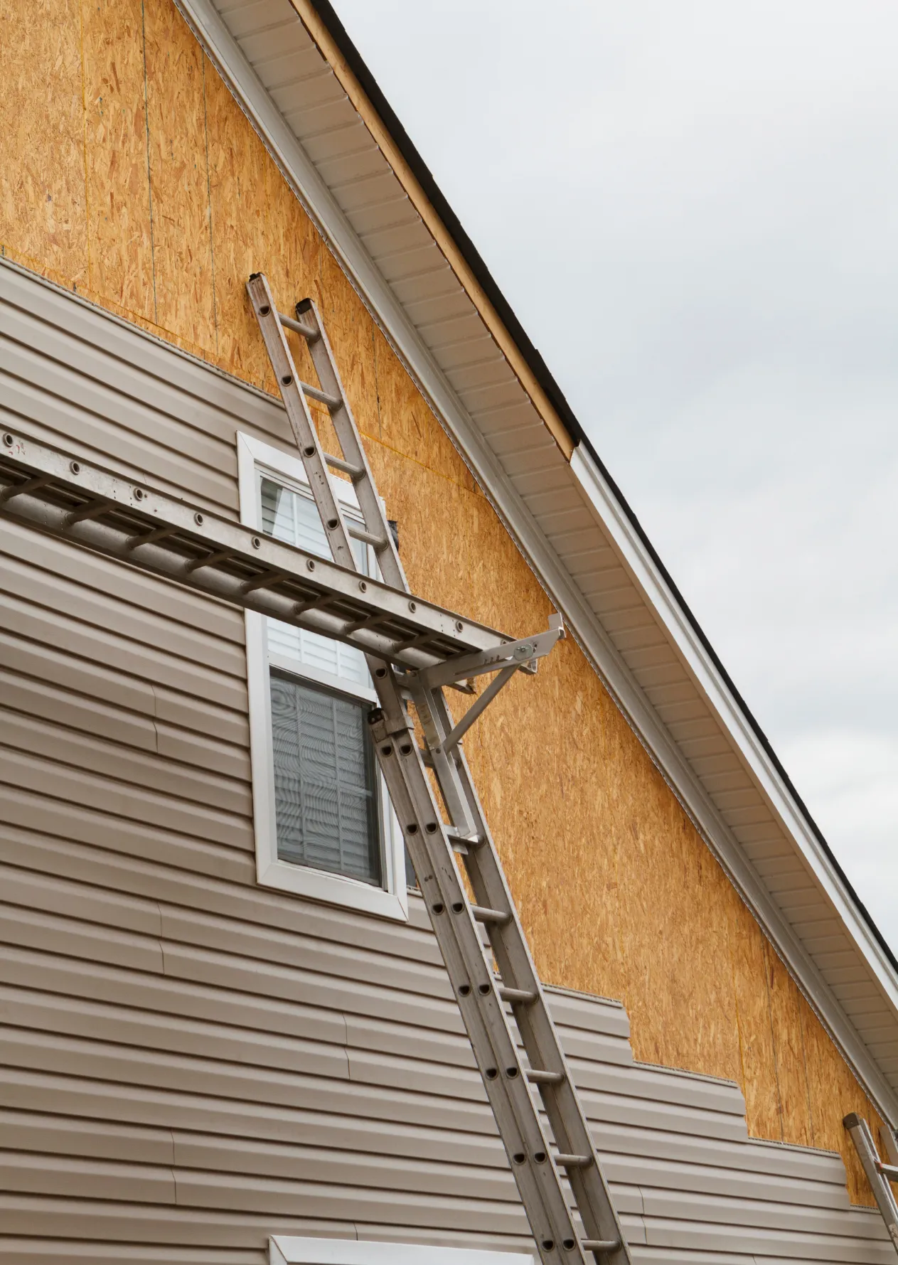 siding-replace-1 A ladder leans against the side of a house under construction with tan siding and exposed plywood panels.