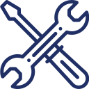 Icon of a crossed screwdriver and wrench in blue outline.